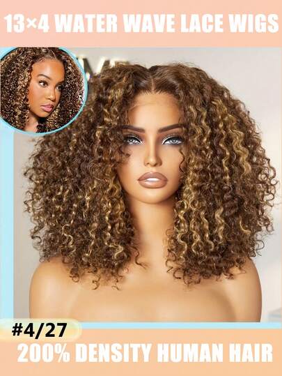 200% Density Honey Blonde Ombre Water Wave Curly Bob Wig - Pre-Plucked 13x4 Transparent Lace Front Wigs Human Hair For Women Highlighted Gradient Color Transition,Perfect For Beginners Natural Look Basics Style Clear Lace,Ideal For Women's Glueless Human Hair Wig For Women, 16 Inch, Wet And Wavy Short Style,Christmas Decorations Wig Fashion Accessory Pre-Plucked Glueless Christmas Gifts For Women Elegant Look For Everyday Or Special Occasions