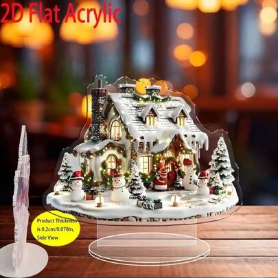 1pc Winter Wonderland Acrylic House Decor With Snowman & Christmas Tree - Boho Style Desktop Display Sign, Suitable For Home & Office Decoration, Indoor Holiday Multipurpose Ornament - No Electricity Required