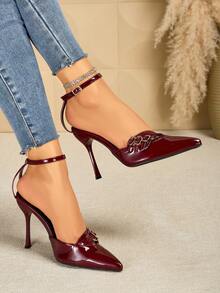 女士尖头细高跟鞋，金属漆皮搭扣时尚高跟鞋，适合派对、性感通勤等场合，酒红色鞋跟 - 酒紅色 - 查看 2