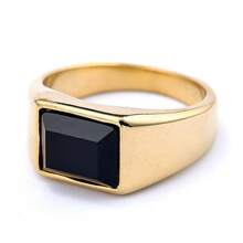 Men's Stainless Steel Ring With Black Square Stone – Silver Or Gold - 金色 - 查看 2