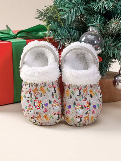 1 Pair Kids Boys Comfortable Fashionable Lightweight Breathable Cute Snowman, Cookie, Reindeer, Penguin Print Warm Plush Lined Slip-On Shoes