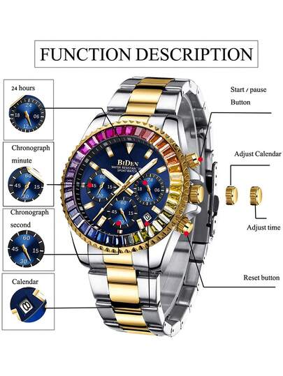 BIDEN Sports Watch, Chronograph, Waterproof Date Simulation Quartz Business Watch,Stainless Steel Strap Klok Comes view 4