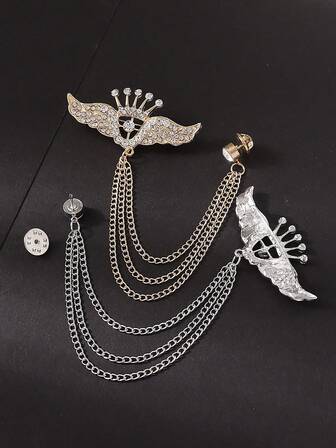 Men's Punk Style Creative Eagle Rhinestone Crown Wings 3D Eagle Chain Brooch Collection, Fashionable Decoration For Suit