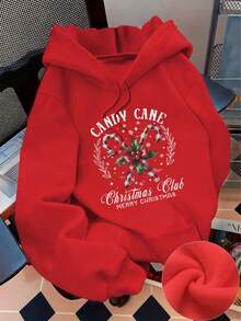 Plus Size Women's Beach Candy Cane With Holly, "CANDY CANE", "Christmas Club" And "MERRY CHRISTMAS" Text Pattern Hooded Long Sleeves Casual Spring/Summer/Fall Women's Plus-Size Long-Sleeved Sweatshirt Thanksgiving Day Going Out Tops Women, Vacation Outfits Women - Red - View 10