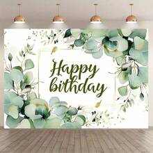 1pc Green Plant Birthday Background, Succulents And Eucalyptus Leaves Birthday Party Photography Background, Polyester Material, Blooming Eucalyptus Leaves Photo Background, Happy Birthday Party Decoration Supplies For Christmas Decorations, Indoor And Outdoor Wall Decoration, Multiple Sizes, Party Supplies