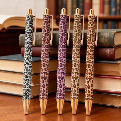 5pcs Leopard Print Ballpoint Pens; 1.0mm Black Bullet Tip; Smooth Writing; Suitable For Students, School, Office, Note-Taking; Christmas Gift Set, Office Writing Tools; School Supplies/Valentine's Day Gift