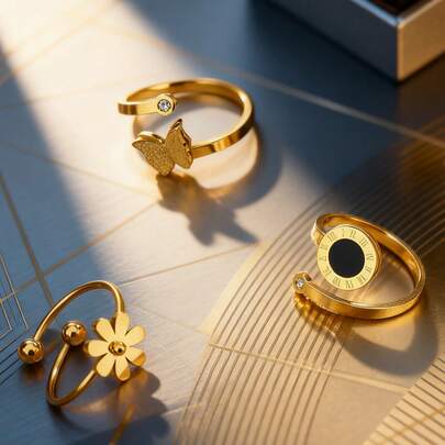 VceTd 时尚几何/蝴蝶/花卉图案不锈钢戒指，饰以玻璃，适合女性日常佩戴或作为礼物