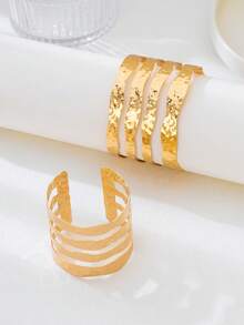 2件套 时尚夸张朋克风金属金色锤纹宽条纹开口手镯套装，适合女性日常、度假、派对性感装扮