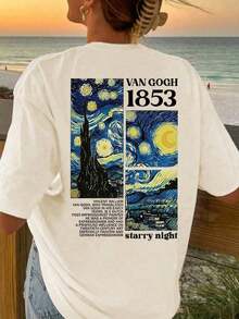 Blusa de verano informal con camiseta tributo a la pintura "La noche estrellada" de Van Gogh y estampado de números 1853, blusa de primavera y verano cómoda, de cuello redondo y mangas cortas, camiseta gráfica para mujeres - Albaricoque - Ver 9