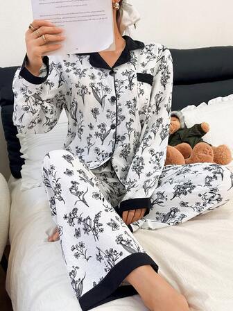2 件套女士睡衣套装，花卉印花长袖领上衣和裤子，撞色口袋，适合所有季节的女士睡衣和家居服