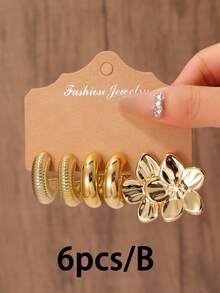 6-14pcs Fashionable Lightweight CCB Earrings Set, Including Teardrop, C-Shape, Flower Designs In Gold Tone, Suitable For Women's Date And Holiday Wear, Elegant Holiday Gift