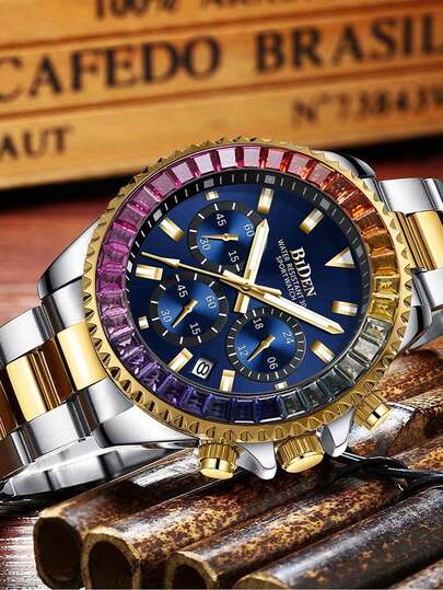 BIDEN Sports Watch, Chronograph, Waterproof Date Simulation Quartz Business Watch,Stainless Steel Strap Klok Comes