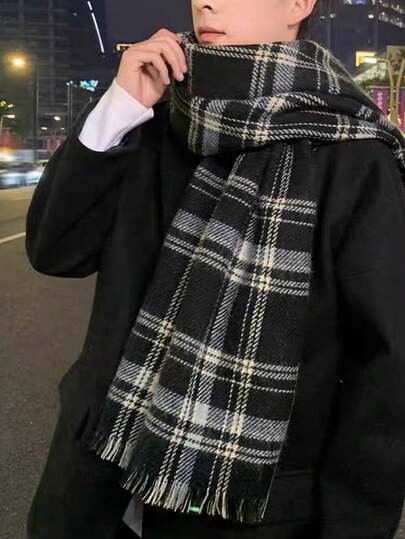 1pcElegant & Cozy Men's Plaid Scarf - Perfect Autumn/Winter Warmth, Stylish Woven Accessory With Fringe, Ideal Gift For Him