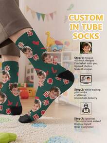 1 par de meias infantis de cano médio com estampa natalina personalizada, meias unissex para meninos e meninas, personalizadas com fotos, meias divertidas para casais, confortáveis e respiráveis, design criativo de desenho animado, presentes perfeitos para feriados, aniversários e Dia dos Namorados, meias divertidas, malucas, de anime, multicoloridas. - Multicolorido - Ver 3