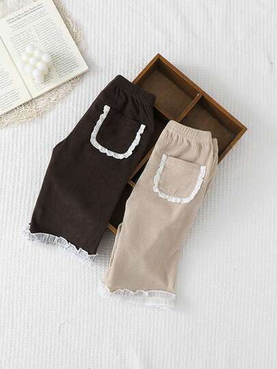 2pcs Girls Toddler Comfortable Solid Color Ruffle Trim & Unique Pocket Corduroy Straight Pants Set, Suitable For All Seasons