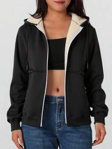 Women's Zip-Up Sweatshirt Jacket, Thermal Lined, Warm & Soft, With Zipper Pockets, Thickened Solid Color Sweatshirt, Suitable For Outdoor Running And Casual Wear In Autumn/Winter - Black - View 5