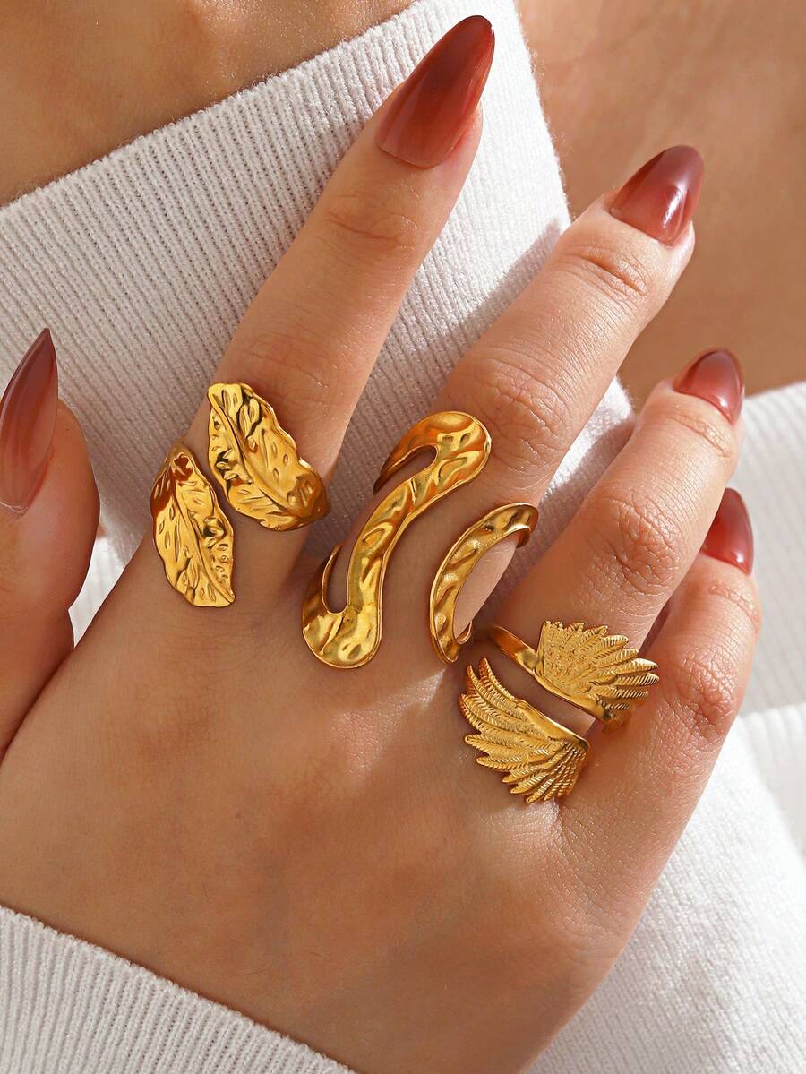 3pcs Stainless Steel Minimalist Feather Wing Ring Set, Suitable For Women's Daily And Party Wear - Multicolor - View 1