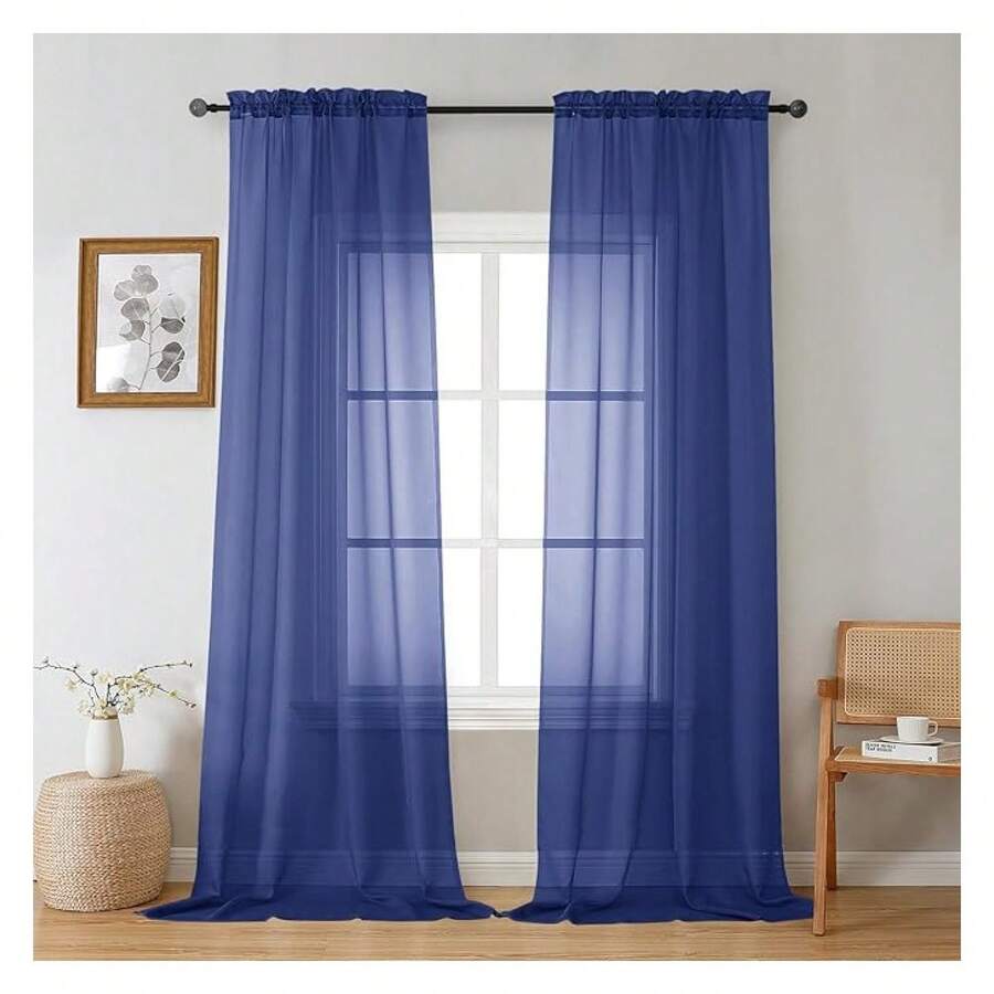 Royal Blue Sheer Curtains 96 Inches Long 2 Panels, Elegant Window Treatments Voile Curtains For Living Room, Light Filtering Rod Pocket Sheer Drapes, Each 42" Wx96 - 多色144 - 查看 1