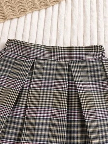 2pcs Girls Spring/Autumn Set, Fashionable Frill Trim Button-Up Shirt With Plaid Mini Skirt