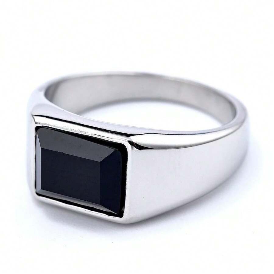 Men's Stainless Steel Ring With Black Square Stone – Silver Or Gold - 銀色 - 查看 1