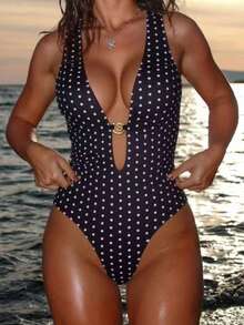 New Fashionable Polka Dot Front & Hollow Rose Decor Halter One-Piece Swimsuit For Women, Suitable For Beach & Holiday