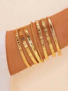 7pcs Exaggerated Personality Hammered Hexagram & Open Bangle Bracelet Set - Vàng - Xem 3
