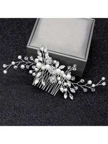 Elegant Handmade Faux Pearl Hair Comb With White Crystals, Perfect Hair Accessory For Party And Wedding Valentine's Day Accessories - Silver - View 3