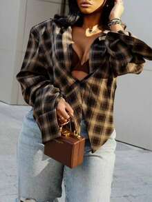 Damen Retro Lässig vielseitig minimalistisches kariertes Hemd mit Knöpfen, geeignet für den Arbeitsweg und den täglichen Büroalltag