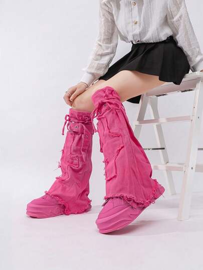 SLnU3 SLnU★ 3-Piece Brand Dragonfruit Color Distressed Denim Boot Covers + Matching Platform Shoes, Sweet & Cool Color Blocking Interpretation Of New Style, Hip-Hop Street Fashion. The Boot Covers Can Be Easily Detached And Paired With The Sweet & Cool Fashionable Platform Shoes.