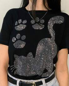 Women's T-Shirt With Kitten Print And Shiny Rhinestones - Black - View 1