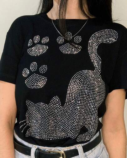 T-shirt Feminina Gatinho em Strass Brilhante