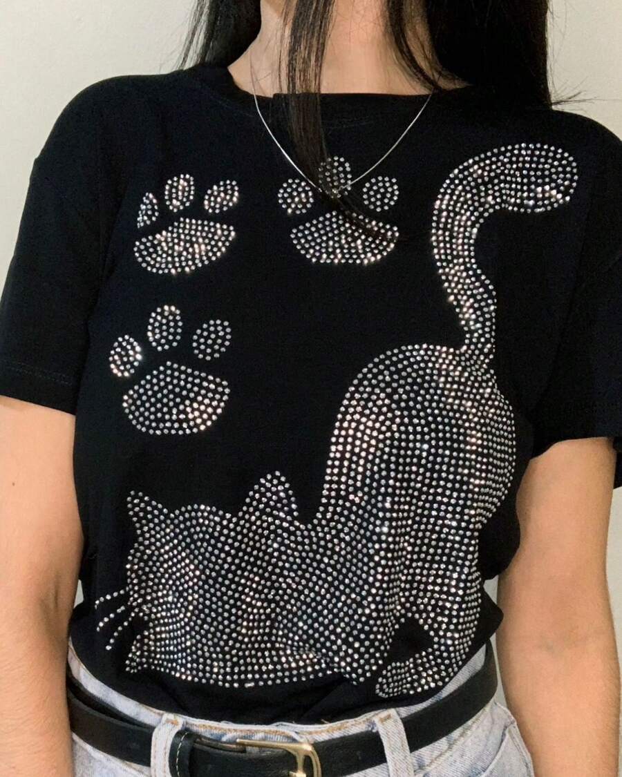 Women's T-Shirt With Kitten Print And Shiny Rhinestones - Black - View 1
