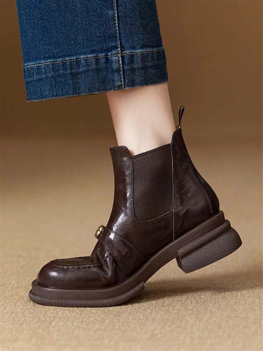 Fall/Winter Women's Round Toe Slip-On Ankle Boots, Rose Button Decor, Black & Dark Brown Color Options, Comfortable Wear - Dark Brown - View 1