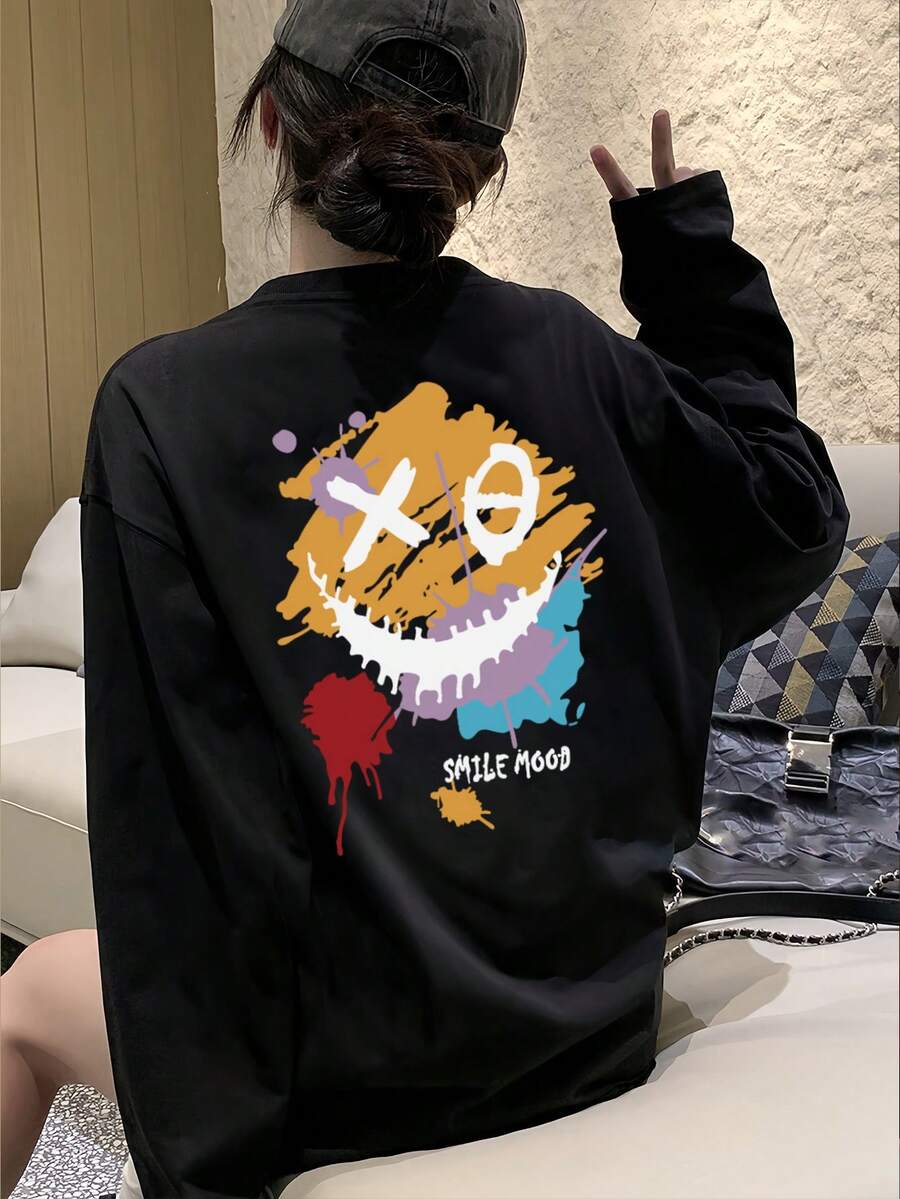 女款寬鬆休閒卡通印花長袖T恤,春秋款黑色 - 黑色 - 查看 1