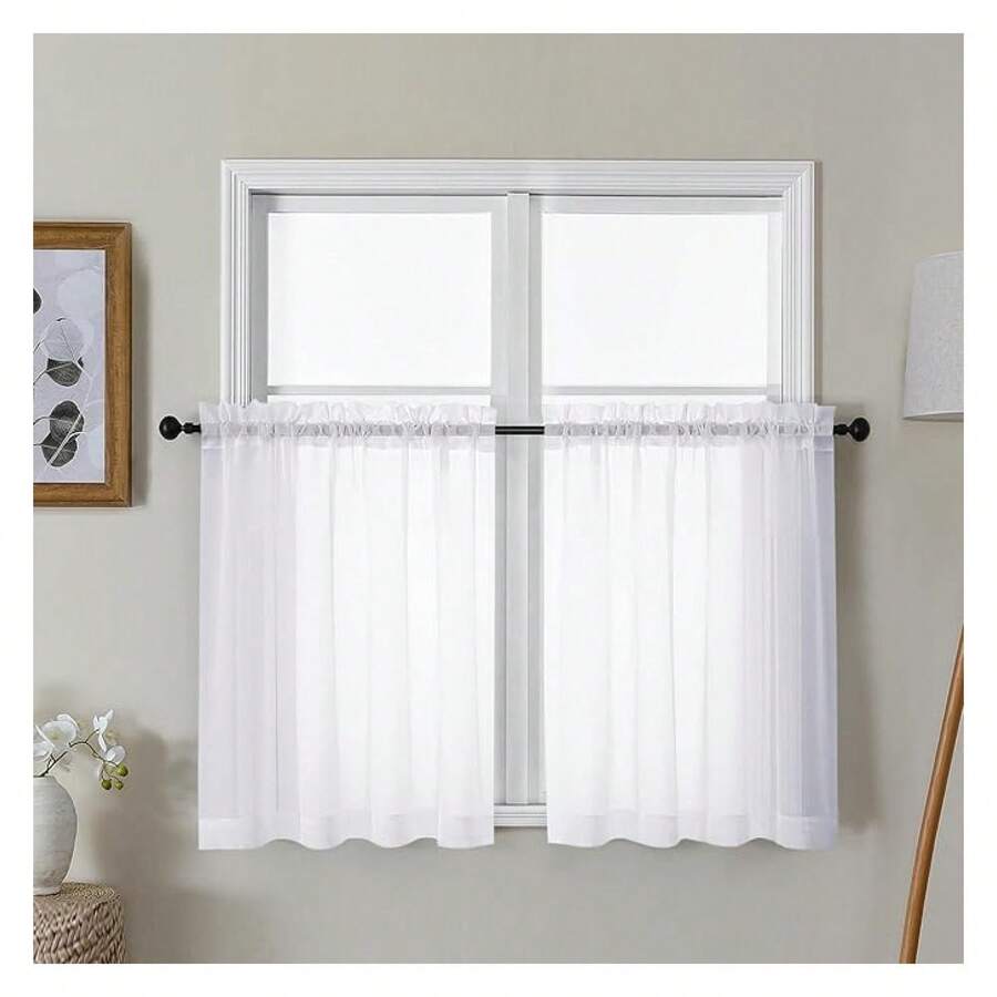 White Sheer Curtains 30 Inch Length, Short Light Filtering Voile Small Cafe Kitchen Curtains With Rod Pocket, Short Curtain For Bathroom Window, 42x30 Inch, 2PCS - Multicolor 129 - View 1