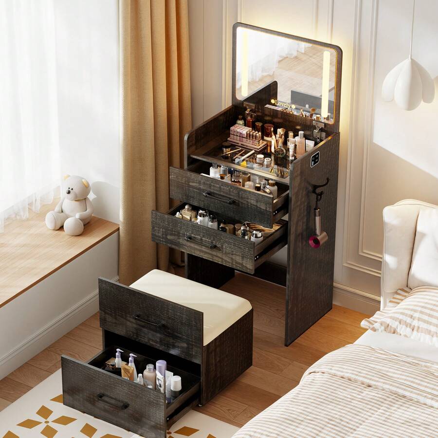 HNEBC Small Vanity  With LED Mirror For Bedroom,Dresser With Charging Station ,Desktop, 3 Drawers For Girls - Xem 1
