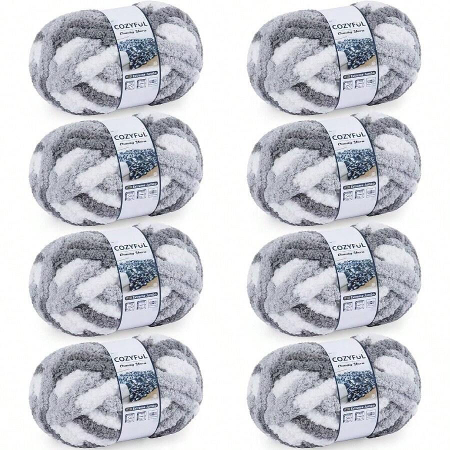 Chunky Yarn Hand Knitting - #10 Chunky Chenille Blanket Yarn, Jumbo Big Thick Chunky Yarns Crocheting, Tie Dye Bulky Knit Yarns, 8 Skein 25 Yds 8 Oz Each Skein SageKhaki - 8 件裝 + 多色灰色和白色 - 查看 1