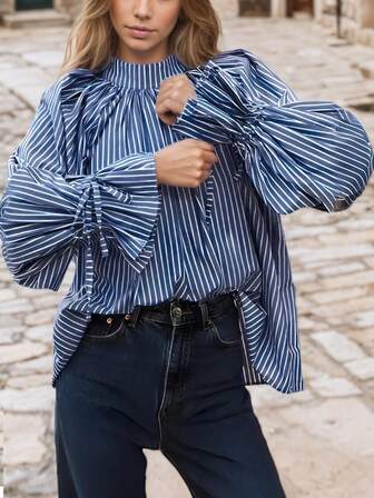 Women's Striped Drawstring Pullover, Casual Stand Collar Lantern Sleeve Loose Pleated Top, Woven Striped Fabric, Spring/Summer