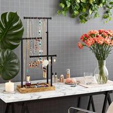 1pc Adjustable 3-Tier Jewelry Display Stand, Necklace Bracelet Earring Watch Organizer - (Black, White, Gold) Metal Frame With Round Wooden Shelves, Multi-Purpose Jewelry Tower, Modern Home Decor & Storage, Elegant Minimalist Design, Sturdy Structure - Perfect Decoration For Bedroom Jewelry Table, Best Gift For Girlfriend On Valentine's Day, Christmas, Mother's Day - Multicolor - View 2