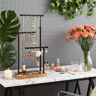 1 st justerbart smyckesställ med 3 nivåer, halsband, armband, örhängen, klocka - (svart, vit, guld) metallram med runda trähyllor, multifunktionellt smyckestorn, modern heminredning och förvaring, elegant minimalistisk design, robust struktur - perfekt dekoration för smyckesbordet i sovrummet, bästa presenten till flickvännen på alla hjärtans dag, jul, mors dag