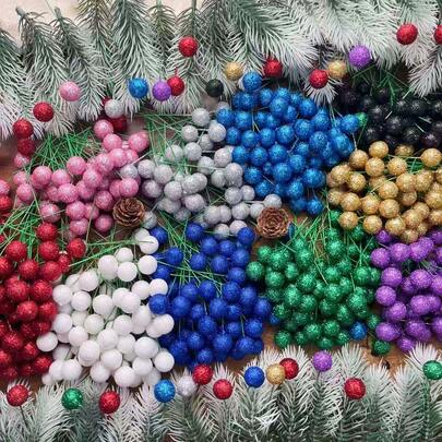 49pcs Mini Glitter Foam Balls, Gold Tone Mini Berries With Stems, Suitable For DIY Crafts - Realistic Small Fruit Decor, Plastic Material, For Christmas Tree Decoration, Wreath DIY, Christmas Decoration Supplies