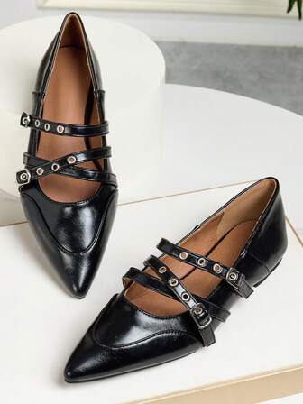 Svarta franska liljeklackade Mary Jane-skor, nya moderiktiga och mångsidiga spetsig tå med mjuk botten, passar till klänningar, enfärgade, urholkade damskor för alla årstider, balettskor