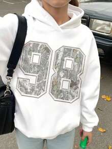 Winter Clothes For WomenTween Girl Casual Hooded Thick Sweatshirt, College Style Numeric & Camouflage Leaf Print, Campus Vibe, Citywalk, Street Atmosphere, Leisure Campus Sports Style, Suitable For Autumn/Winter FallLoose And Comfortablesudaderas De Mujer - 黑色 - 查看 9