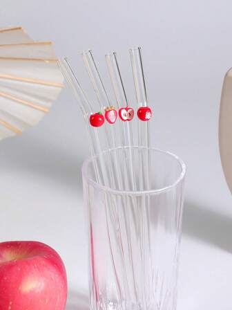 1支可重复使用的玻璃吸管，带有苹果/草莓水果吊坠，适用于水杯，可爱可弯曲透明吸管，适用于冷饮、奶茶、咖啡、果汁、冰沙，厨房、餐厅、鸡尾酒会、返校季、送给女朋友/男朋友、父母、朋友的礼物、节日用品、万圣节、感恩节、圣诞节。