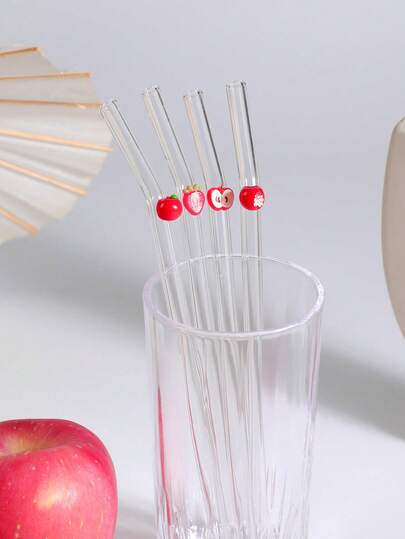 1 Stück wiederverwendbare Glasstrohhalme mit Apfel/Erdbeere Frucht Charms, für Wassergläser, süß gebogen und klarer Trinkhalm, für kalte Getränke, Milchtee, Kaffee, Saft, Smoothies, Küchen, Restaurants, Cocktailpartys, Rückkehr zur Schule, Geschenke für Freundinnen/Freunde, Eltern, Feiertags-Zubehör, Halloween, Thanksgiving, Weihnachten.