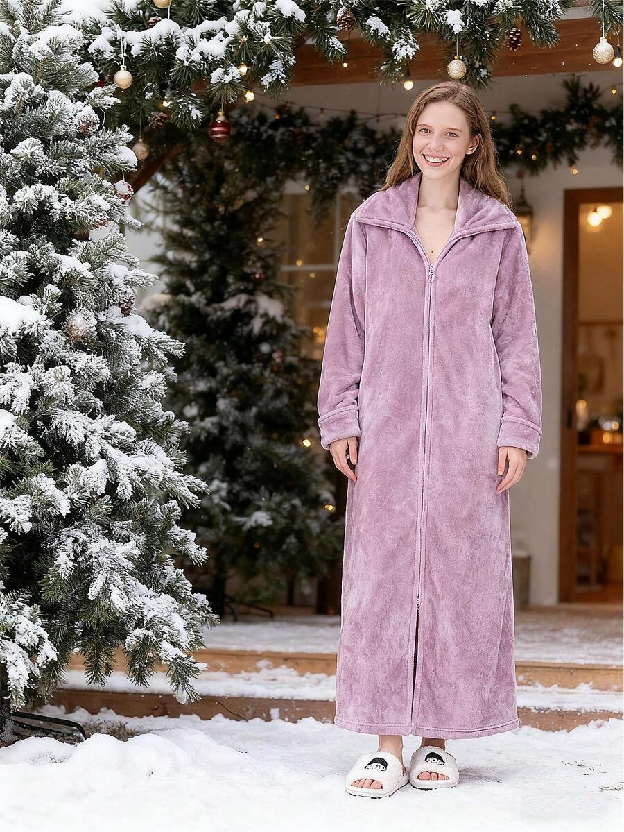 1pc Women And Men's Long Zip Up Robe Fleece Bathrobe Long Zipper Lounger Warm Housecoat Long Sleeve Nightgown With Pockets, Comfortable Flannel, A Must-Have For Halloween And Christmas, Nightgown, Warm And Cold-Proof,Flannel Warm Design, A Must-Have Warm Suit For Autumn And Winter - Nhiều màu - Xem 1
