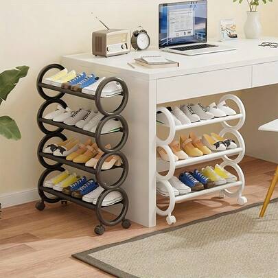 3-Tier/4-Tier (Adjustable) Heavy Duty Plastic Shoe Rack With 360° Swivel Wheels And Loop Handle - Space-Saving Rolling Shoe Cabinet, Black Modern Storage Organizer, Suitable For Small Spaces, Apartments, Entryways - Movable Shoe Rack And Hanging Shoe Rack