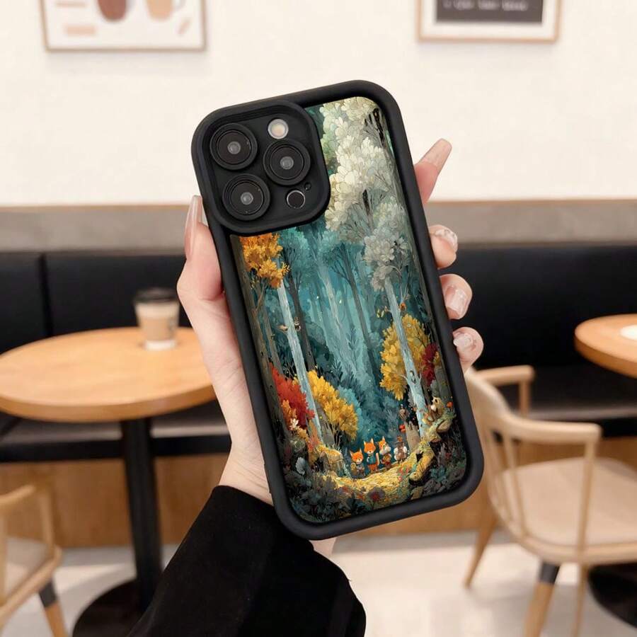 Cubierta de telefono con borde negro diseño bosque encantado con animales y arboles coloridos para uso diario en cafeterias y espacios interiores Aplicable a los teléfonos de la serie Apple y Galaxy - Café integral - Ver 1