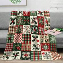 1 szt. Tradycyjny świąteczny koc patchworkowy – świąteczna dekoracja domu, klasyczny wzór w kolorze czerwonym i zielonym, miękki i przytulny, całoroczny, odporny na rozdarcia, można prać w pralce, nadruk cyfrowy, poliester, pikowany, wielofunkcyjny do salonu i sypialni
