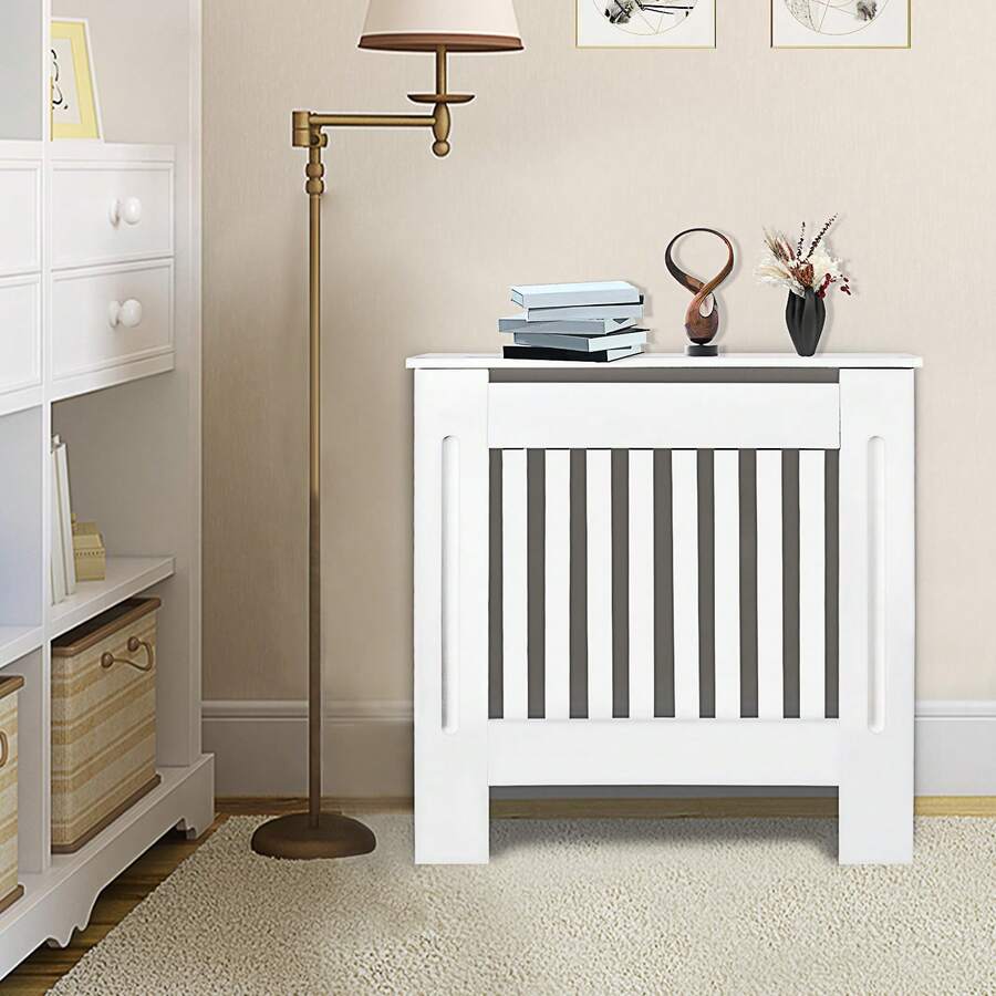 EFAN Radiator Cover White, Large Radiator Shelf Tall Radiator Cover Vertical Slatted Grill Cabinet Shelf Modern Radiator Covers MDF Wood Cabinet Shelf Heating Covers For Living Room Hallway (Small, White) - Small (H 82 X W 78 X D 19 Cm) - View 1